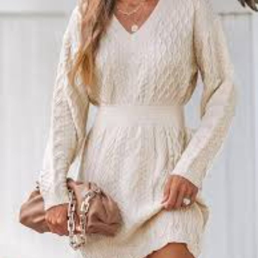 Cupshe Women's Sweater Dress Cable Knit Ivory V-Neck Long Sleeve NWT XS #3352